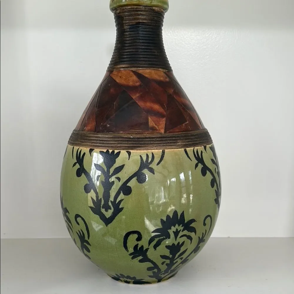 PIER ONE LARGE Decorative Ceramic Vase with Green Brown Black Pattern Decor